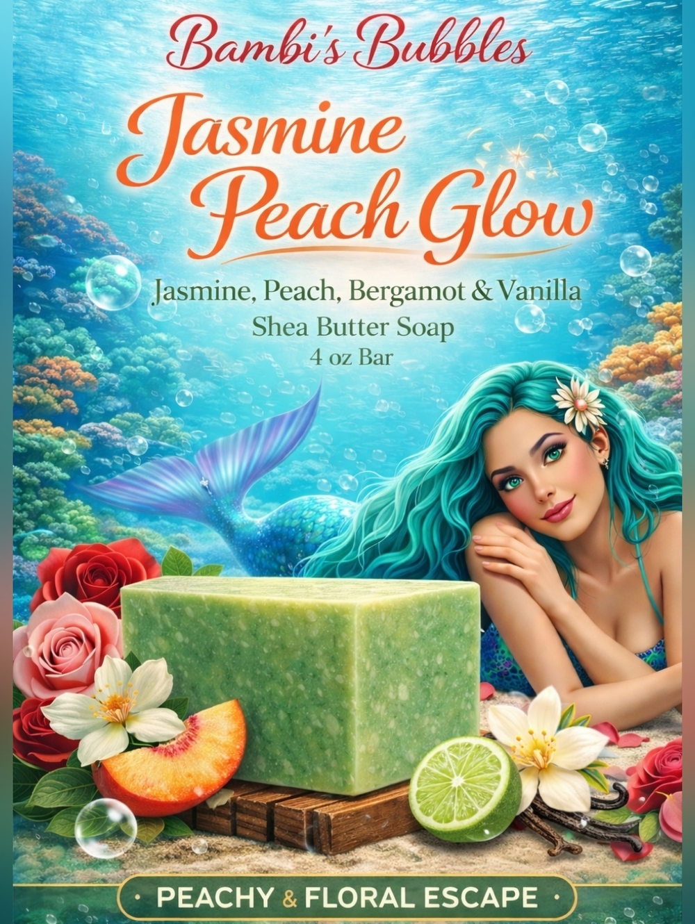 New!  Hand Crafted Jasmine Peach Glow Shea Butter 4oz Bar